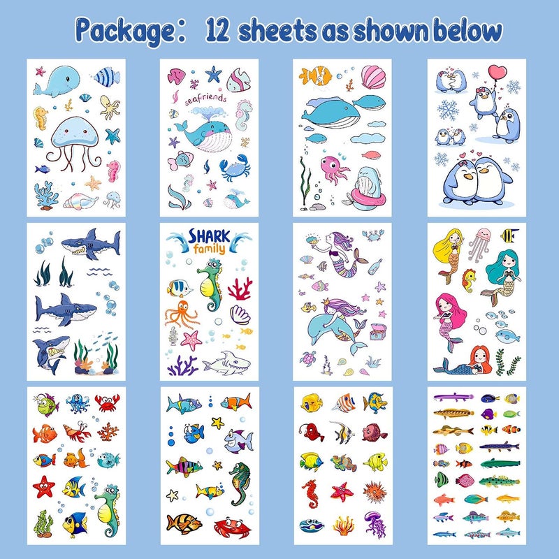 PARTYWIND 200 PCS Ocean Theme Temporary Tattoos for Kids, Beach Pool Under Sea Decorations Birthday Party Supplies Favors, Fake Tattoos Stickers With Mermaid Shark Tropical Fish Whale for Boys and Girls - Image 2